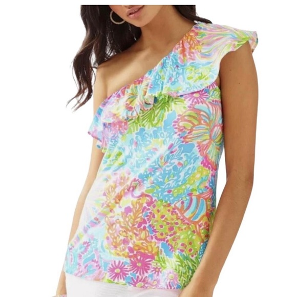 Lilly Pulitzer Tops - Lilly Pulitzer SeaSpray Blue Lovers Coral Print One Shoulder Neveah Top xxs